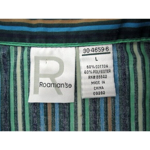Vintage Roamans Shirt Womens Large Green Blue Striped Long Sleeve Button Down - Picture 4 of 14